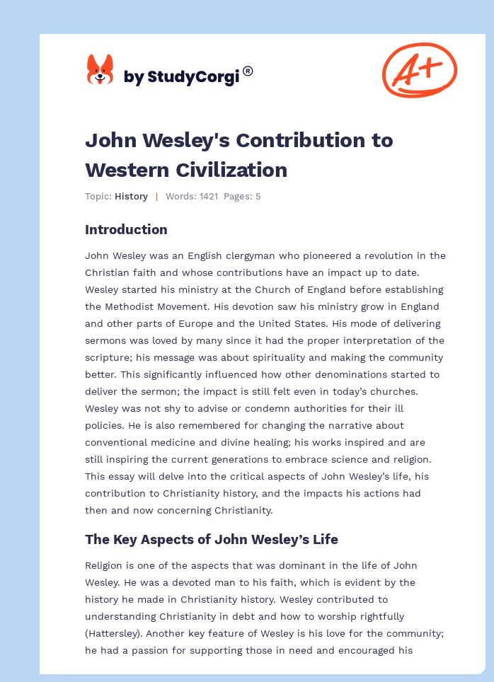 John Wesley's Contribution to Western Civilization. Page 1