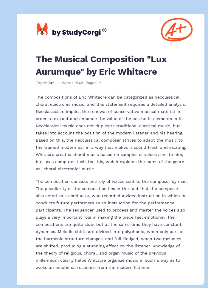 The Musical Composition "Lux Aurumque" by Eric Whitacre. Page 1