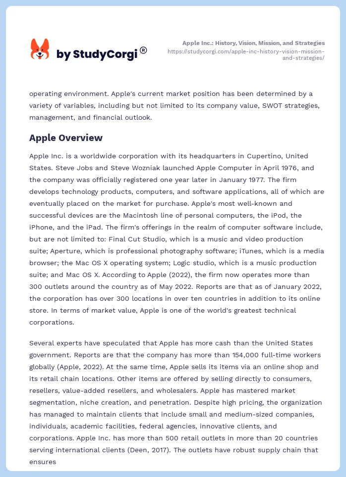 Apple Inc.: History, Vision, Mission, and Strategies. Page 2