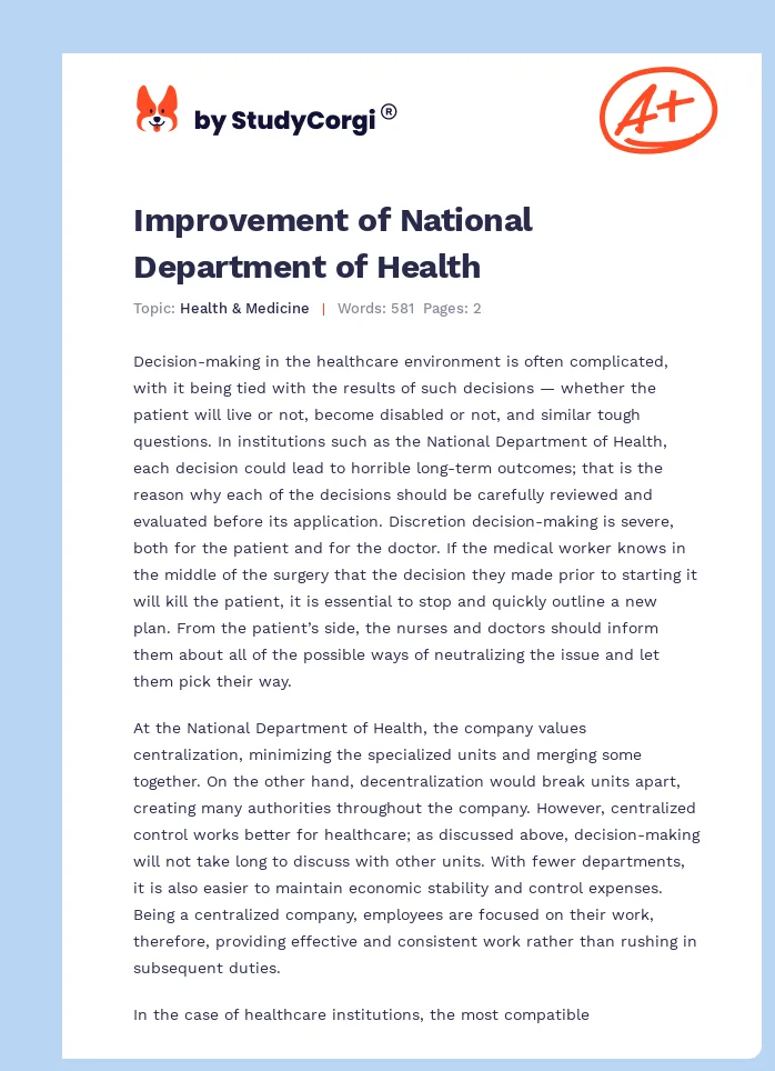 Improvement of National Department of Health. Page 1