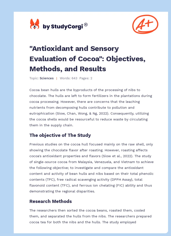"Antioxidant and Sensory Evaluation of Cocoa": Objectives, Methods, and Results. Page 1