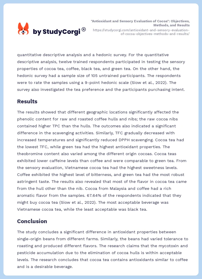 "Antioxidant and Sensory Evaluation of Cocoa": Objectives, Methods, and Results. Page 2
