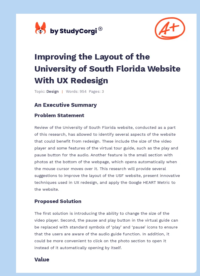 Improving the Layout of the University of South Florida Website With UX Redesign. Page 1