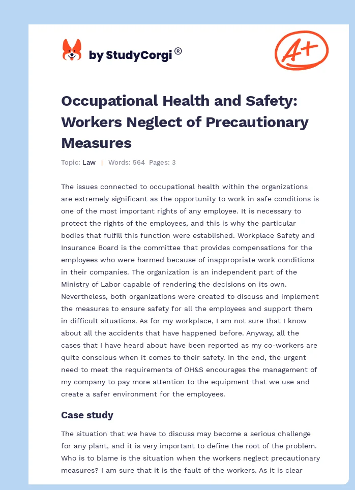 Occupational Health and Safety: Workers Neglect of Precautionary Measures. Page 1