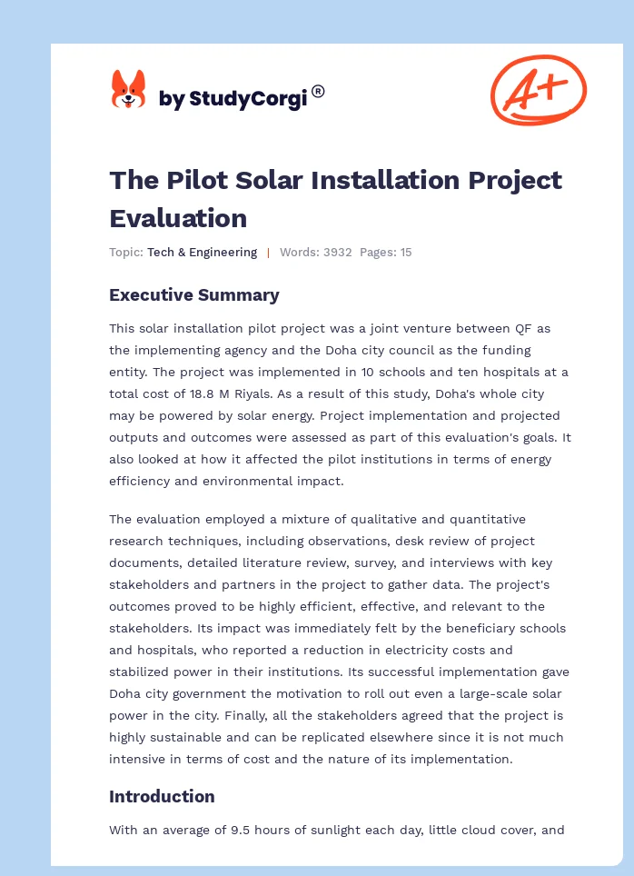 The Pilot Solar Installation Project Evaluation. Page 1
