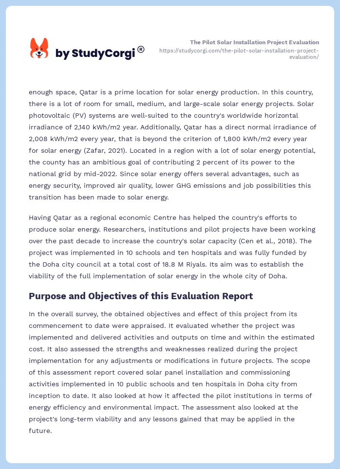 The Pilot Solar Installation Project Evaluation. Page 2