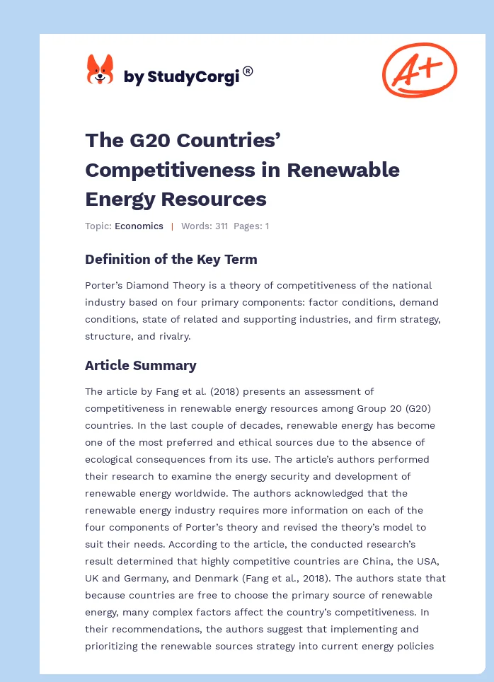 The G20 Countries’ Competitiveness in Renewable Energy Resources. Page 1