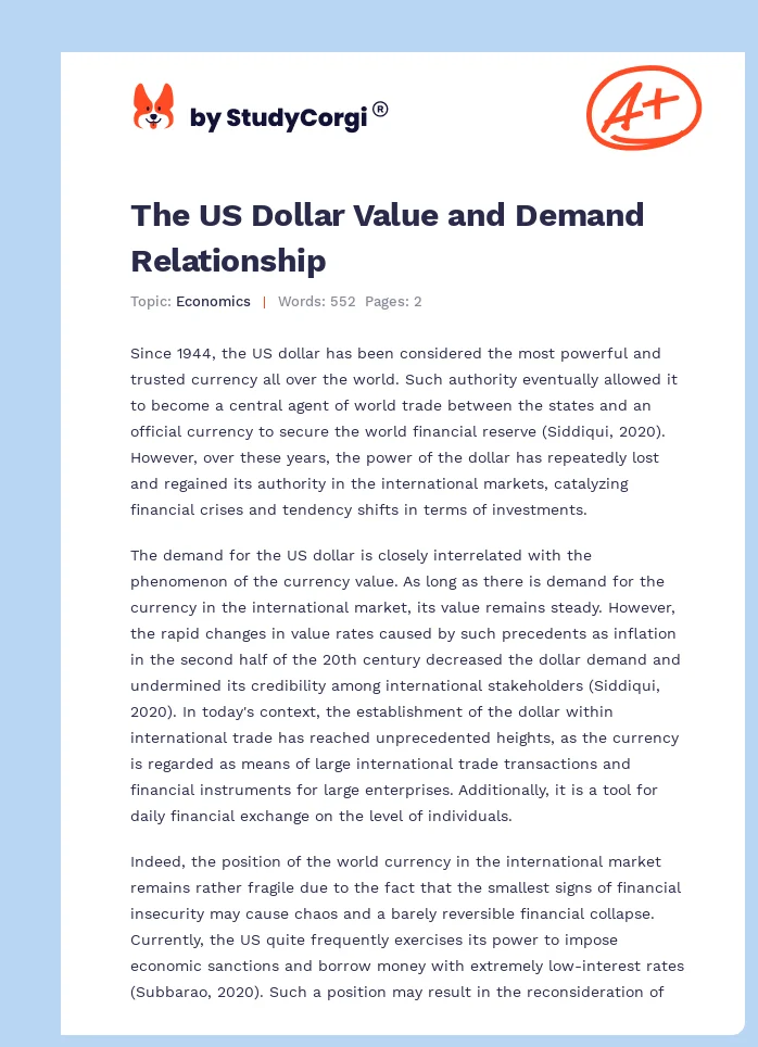 The US Dollar Value and Demand Relationship. Page 1