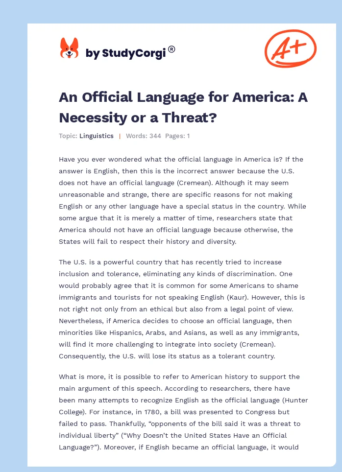An Official Language for America: A Necessity or a Threat?. Page 1