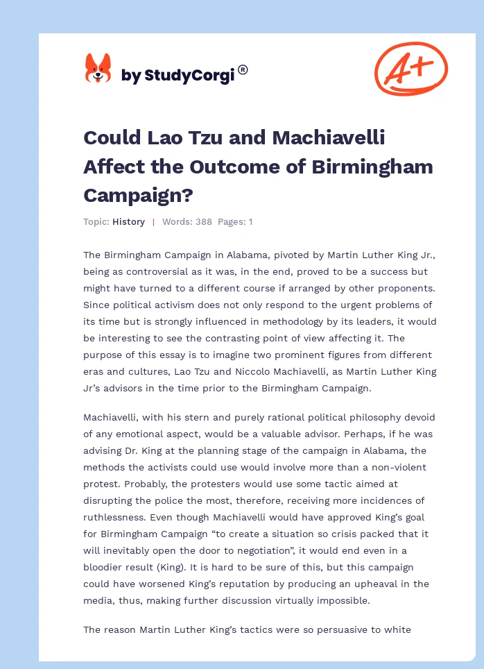 Could Lao Tzu and Machiavelli Affect the Outcome of Birmingham Campaign?. Page 1