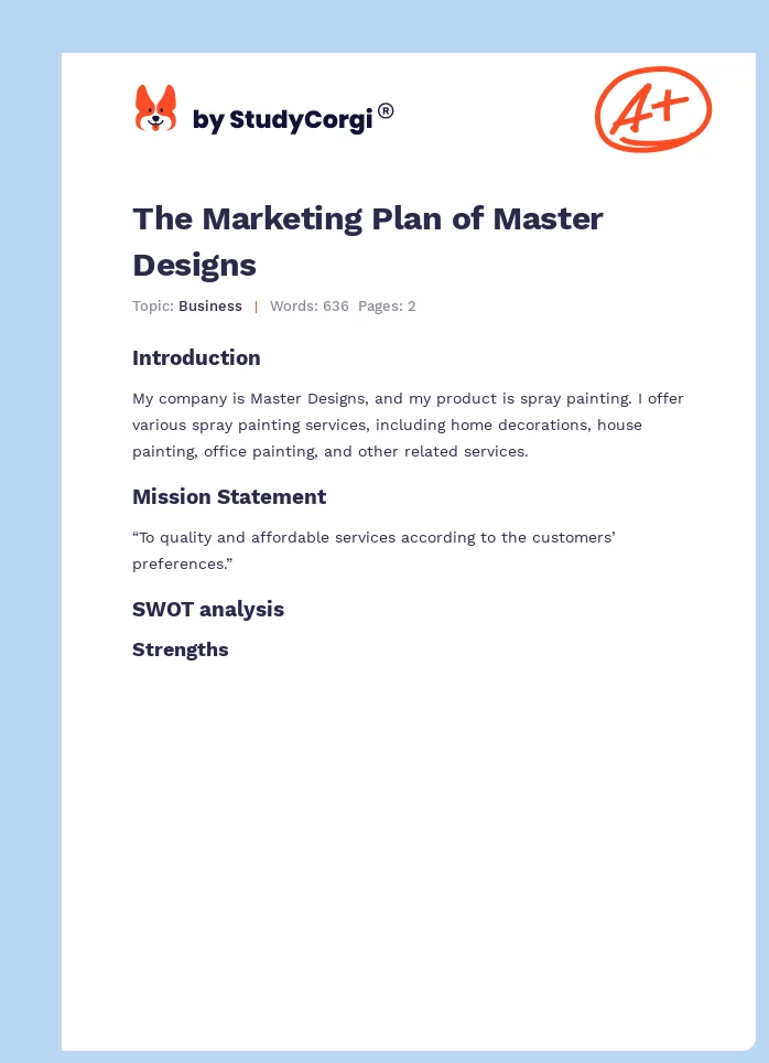 The Marketing Plan of Master Designs. Page 1