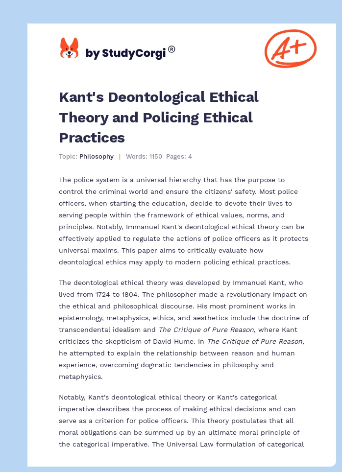 Kant's Deontological Ethical Theory and Policing Ethical Practices. Page 1