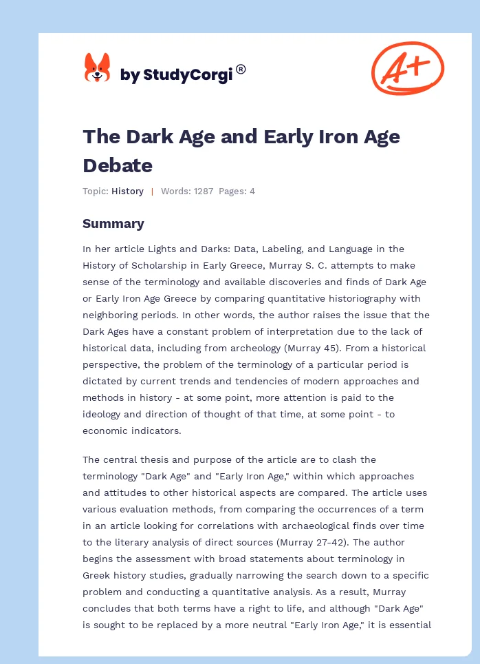 The Dark Age and Early Iron Age Debate. Page 1