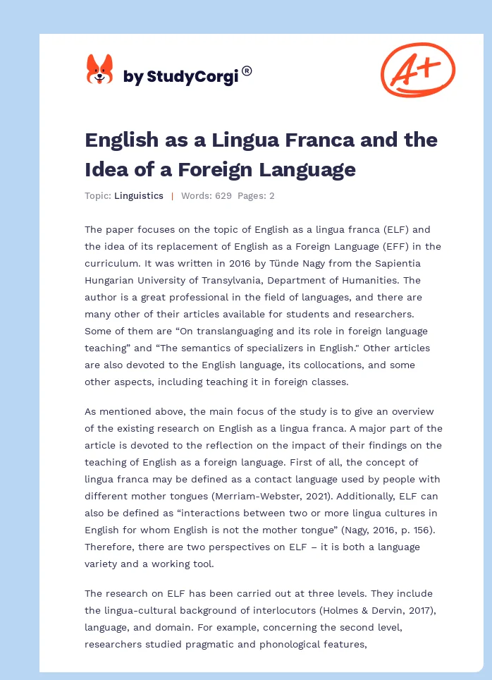 English as a Lingua Franca and the Idea of a Foreign Language. Page 1