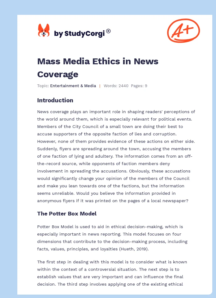 Mass Media Ethics in News Coverage. Page 1
