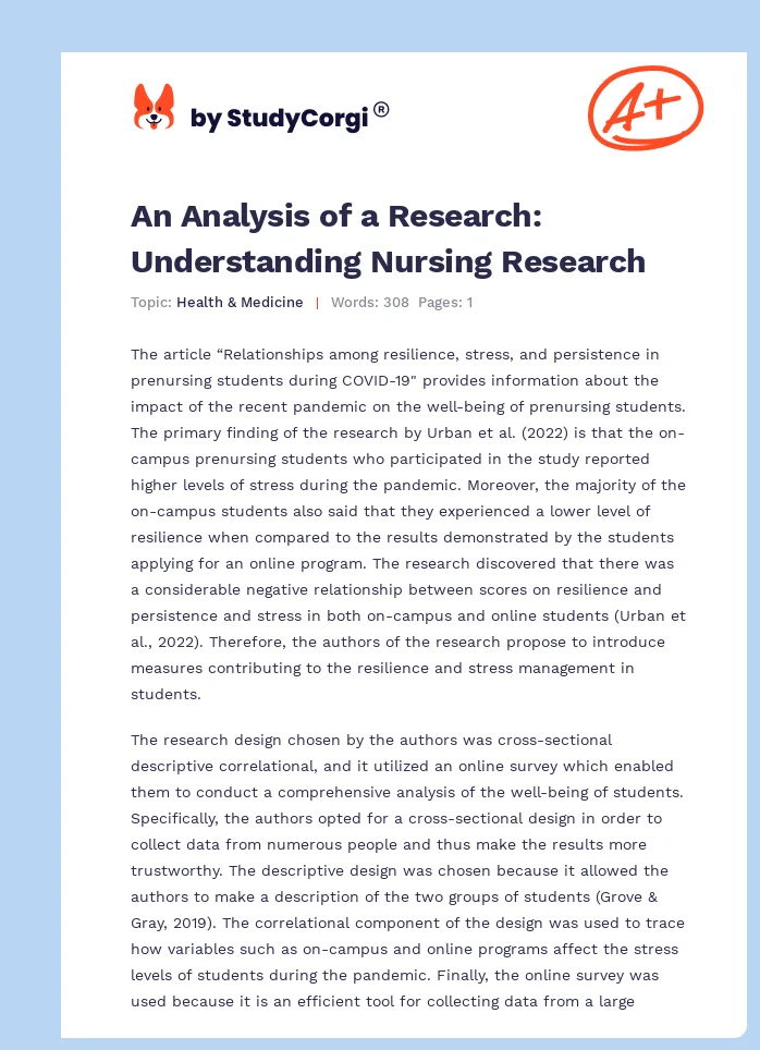 An Analysis of a Research: Understanding Nursing Research. Page 1