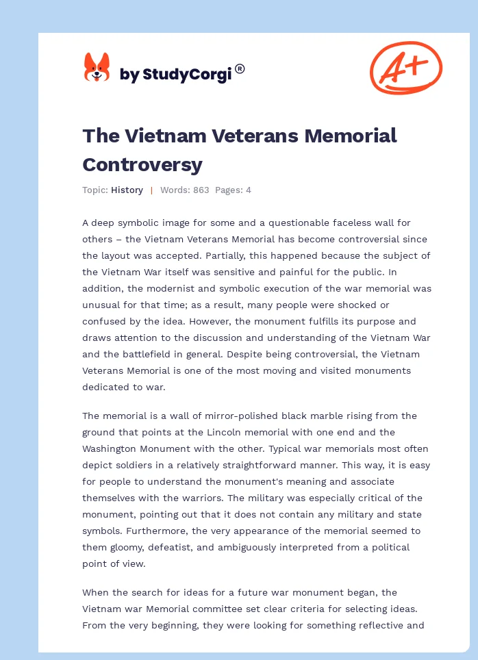 The Vietnam Veterans Memorial Controversy. Page 1