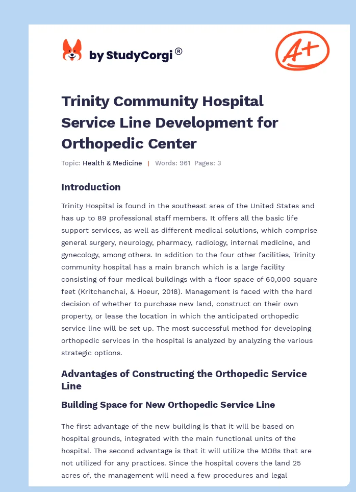 Trinity Community Hospital Service Line Development for Orthopedic Center. Page 1