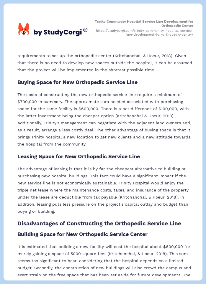 Trinity Community Hospital Service Line Development for Orthopedic Center. Page 2