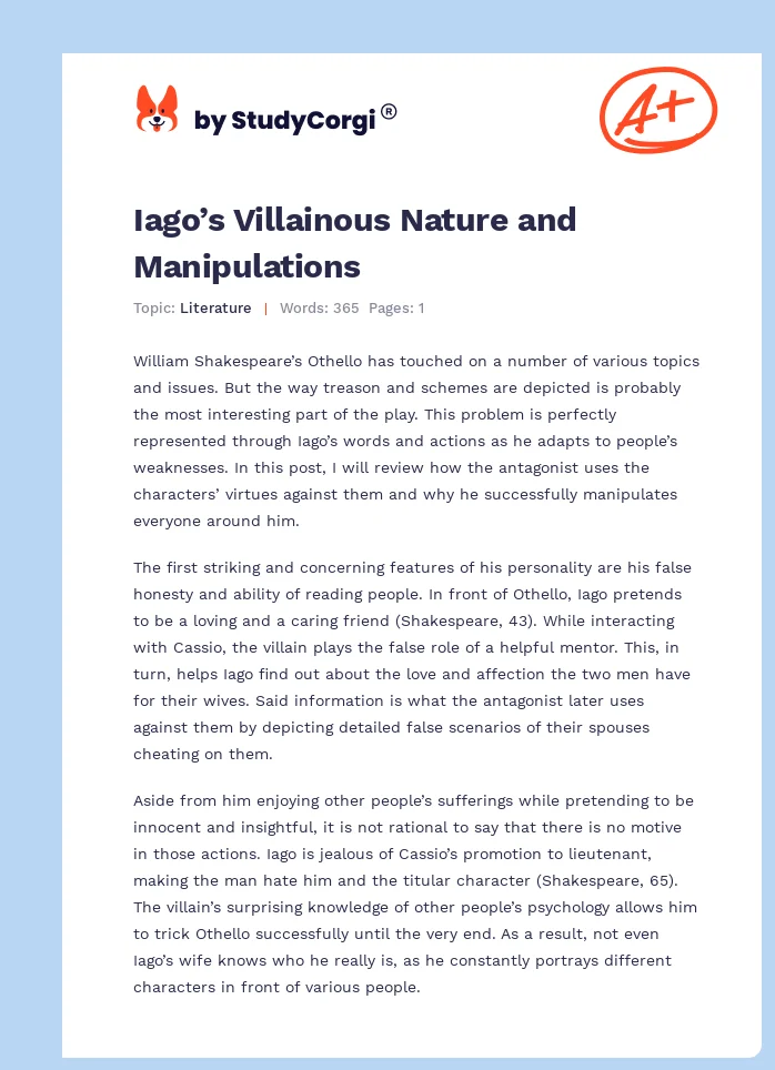 Iago’s Villainous Nature and Manipulations. Page 1