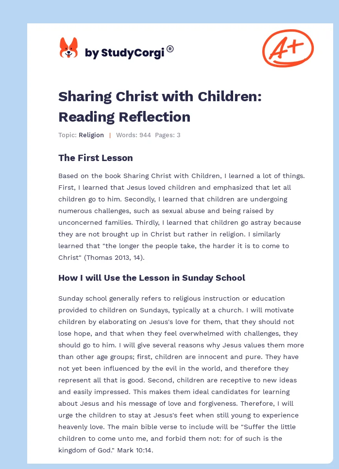 Sharing Christ with Children: Reading Reflection. Page 1