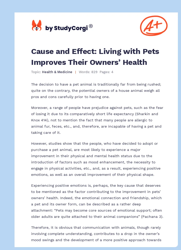 Cause and Effect: Living with Pets Improves Their Owners’ Health. Page 1