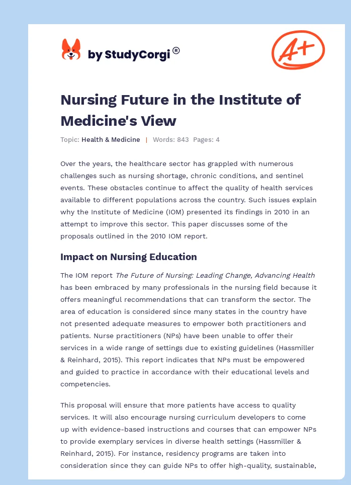 Nursing Future in the Institute of Medicine's View. Page 1