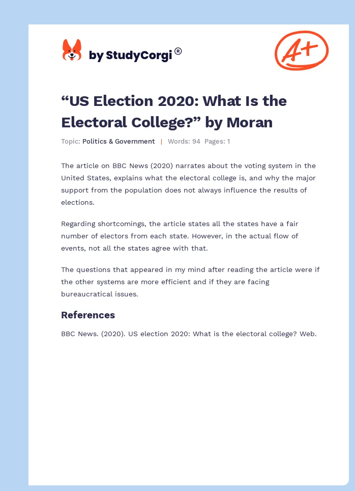 “US Election 2020: What Is the Electoral College?” by Moran. Page 1