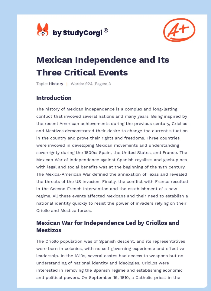 Mexican Independence and Its Three Critical Events. Page 1