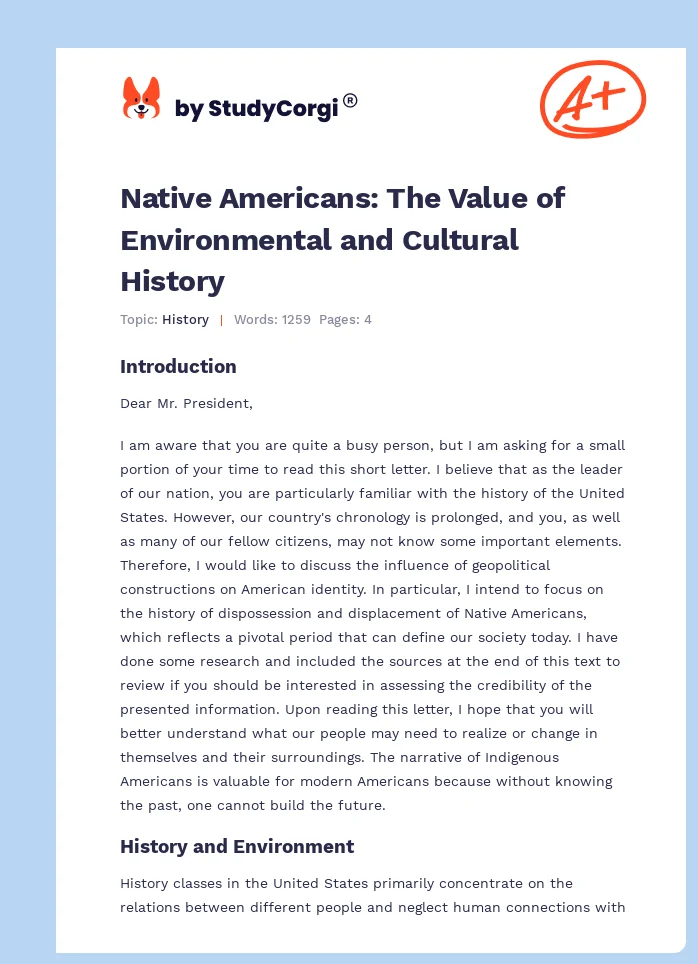 Native Americans: The Value of Environmental and Cultural History. Page 1