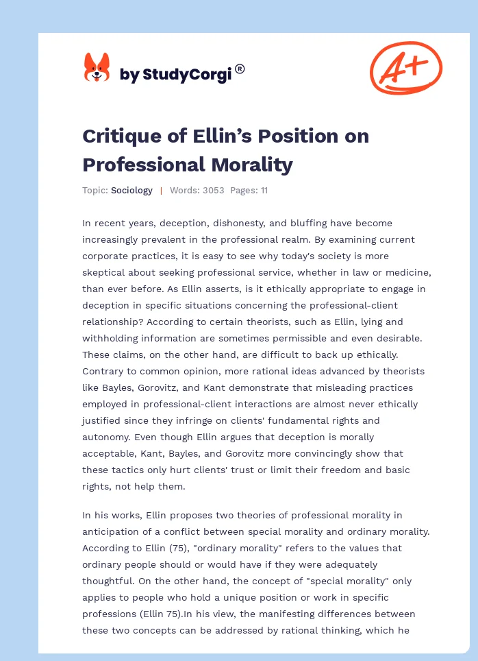 Critique of Ellin’s Position on Professional Morality. Page 1