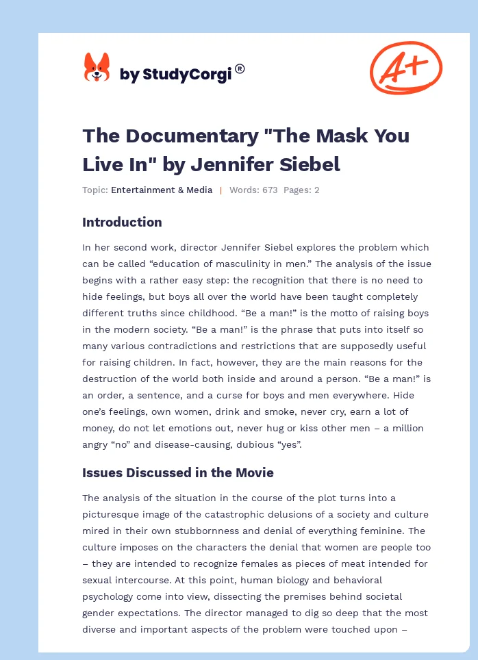 The Documentary "The Mask You Live In" by Jennifer Siebel. Page 1