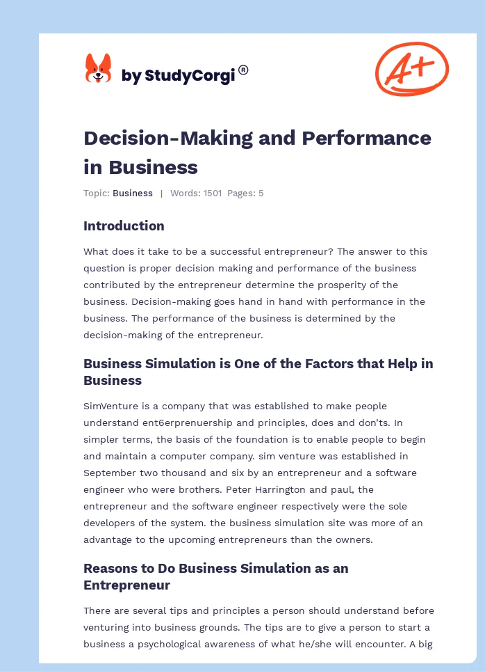 Decision-Making and Performance in Business. Page 1