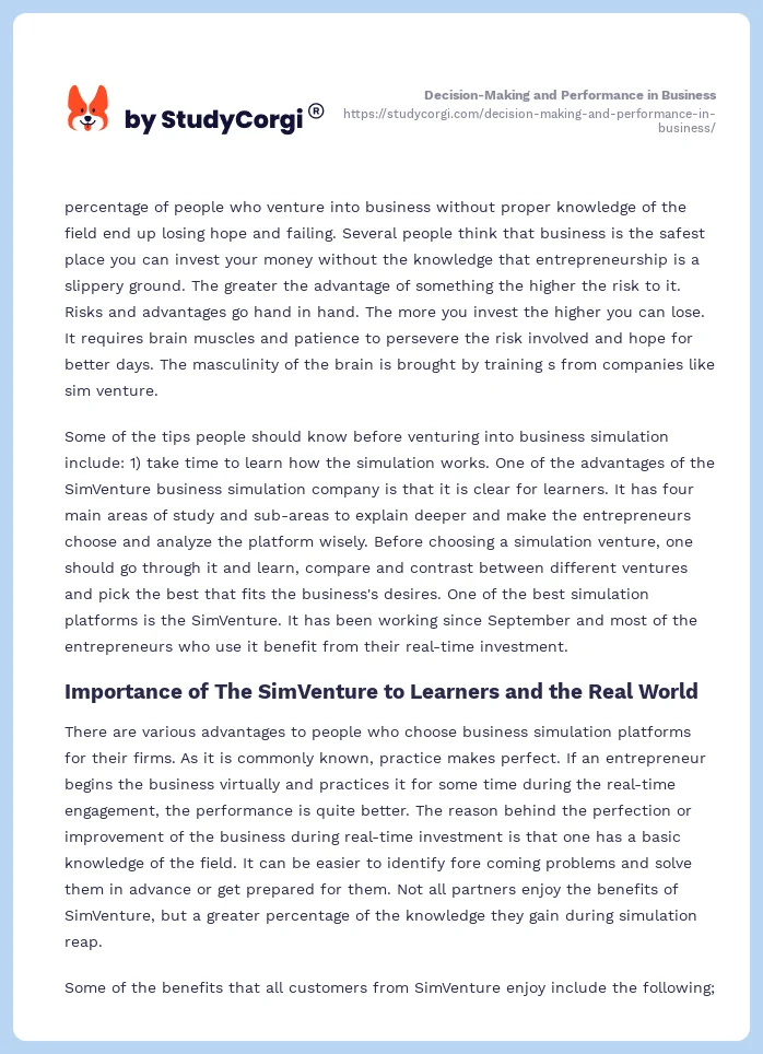 Decision-Making and Performance in Business. Page 2