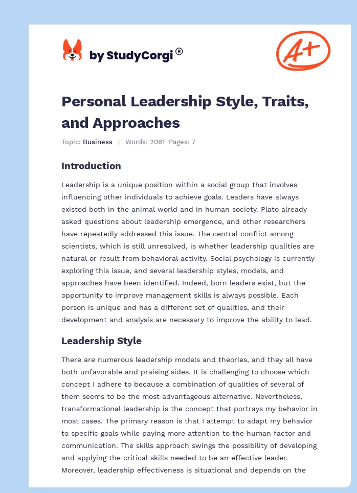 Personal Leadership Style, Traits, and Approaches. Page 1