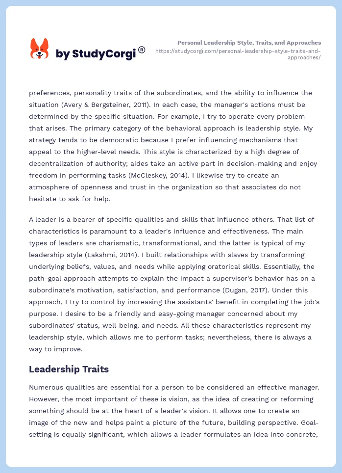 Personal Leadership Style, Traits, and Approaches. Page 2