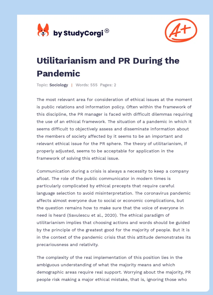 Utilitarianism and PR During the Pandemic. Page 1