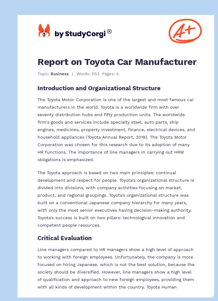 Report on Toyota Car Manufacturer. Page 1