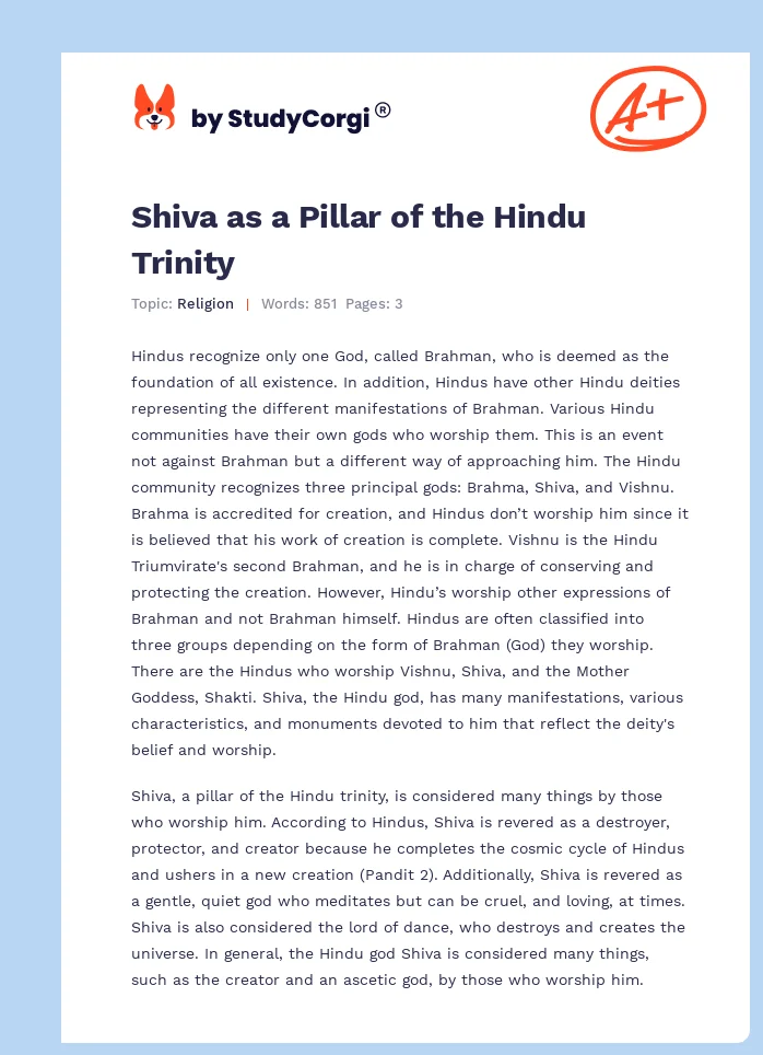 Shiva as a Pillar of the Hindu Trinity. Page 1