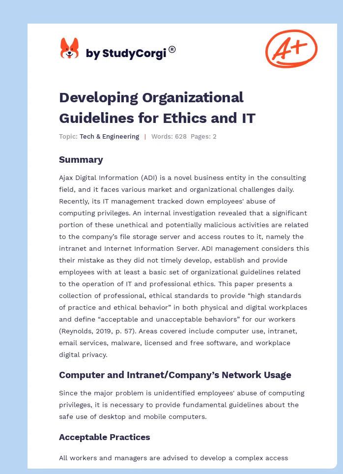 Developing Organizational Guidelines for Ethics and IT. Page 1