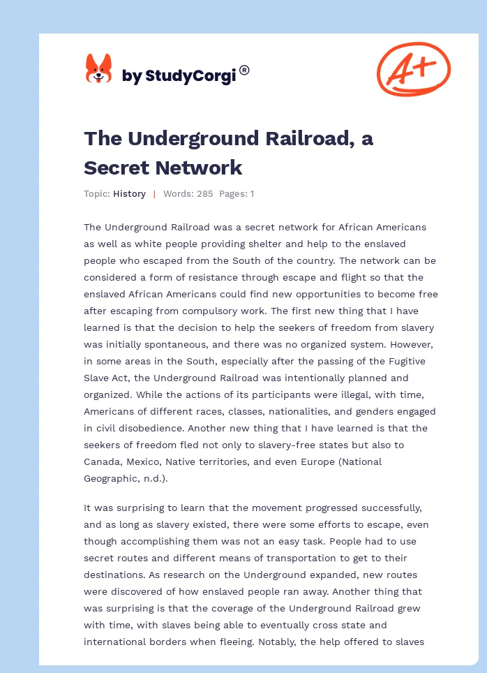 The Underground Railroad, a Secret Network. Page 1