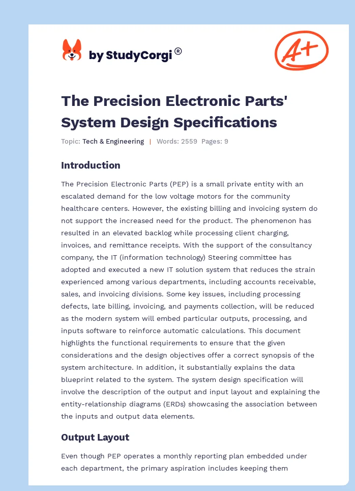 The Precision Electronic Parts' System Design Specifications. Page 1