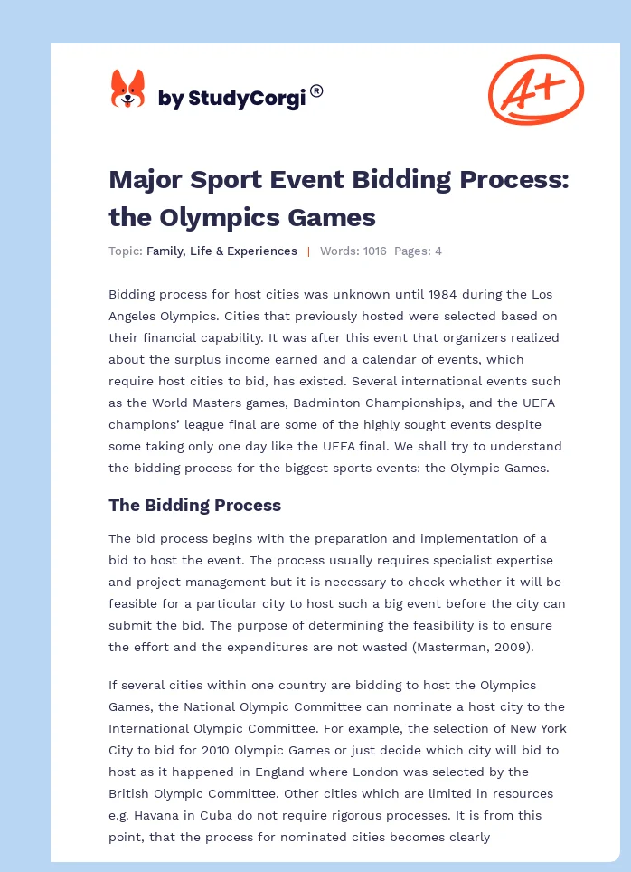 Major Sport Event Bidding Process: the Olympics Games. Page 1