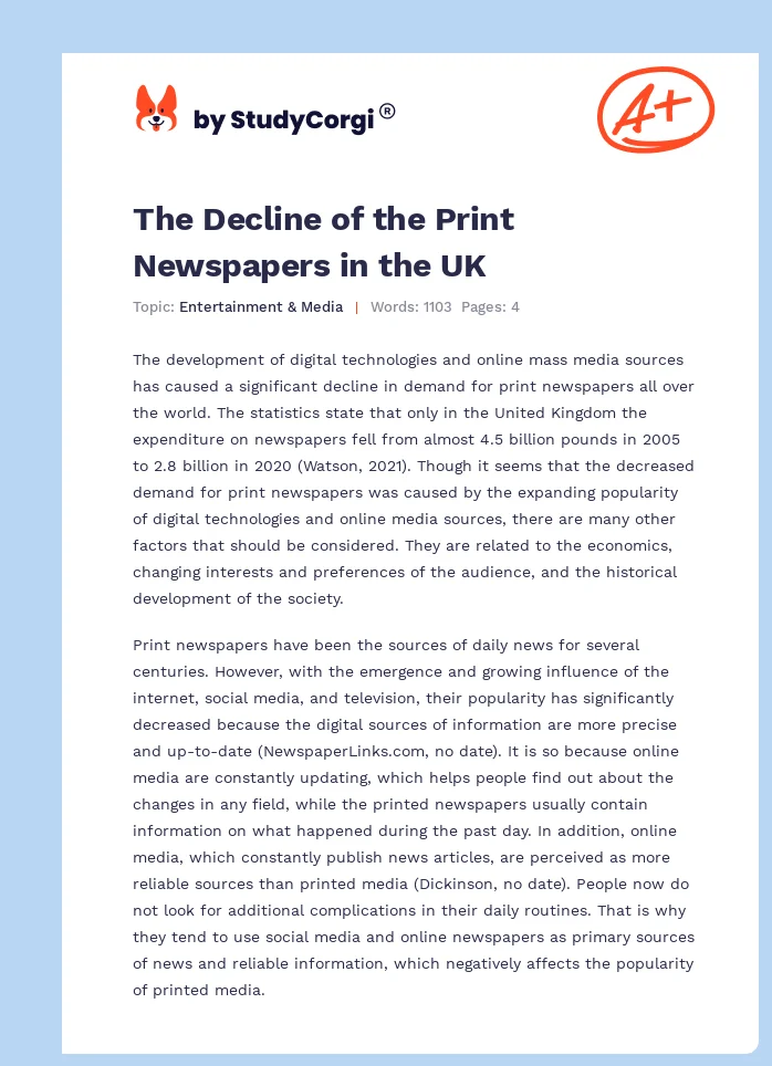 The Decline of the Print Newspapers in the UK. Page 1