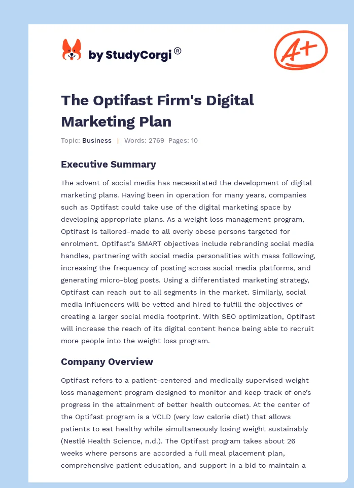 The Optifast Firm's Digital Marketing Plan. Page 1