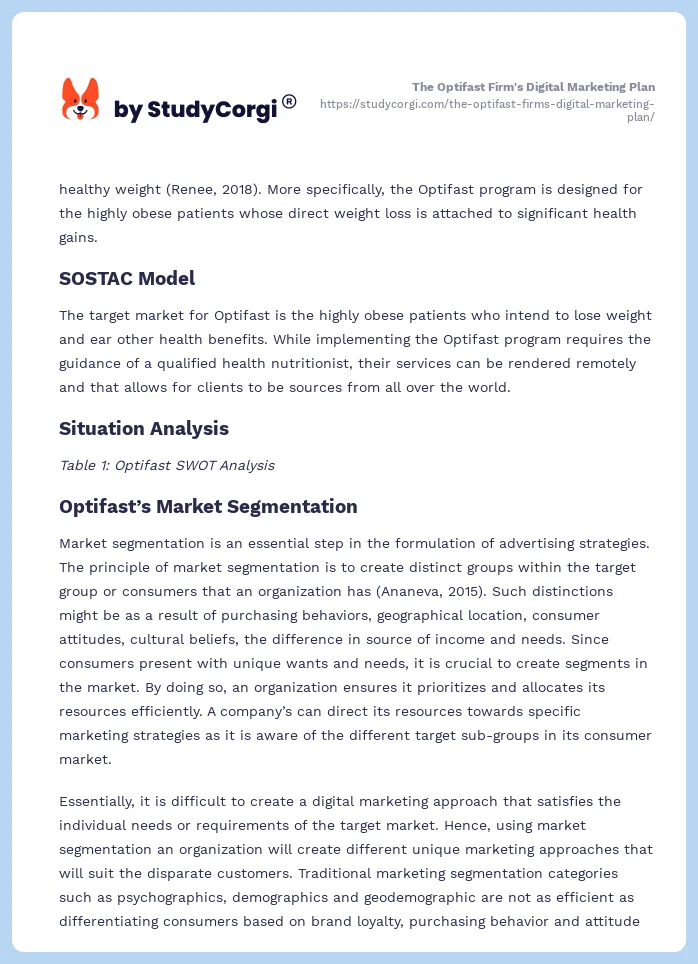 The Optifast Firm's Digital Marketing Plan. Page 2