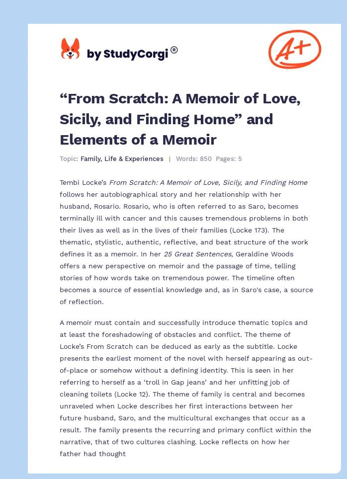“From Scratch: A Memoir of Love, Sicily, and Finding Home” and Elements of a Memoir. Page 1