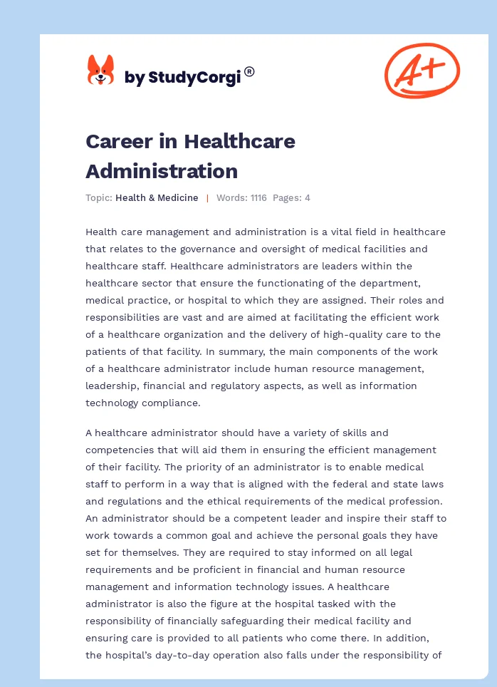 Career in Healthcare Administration. Page 1