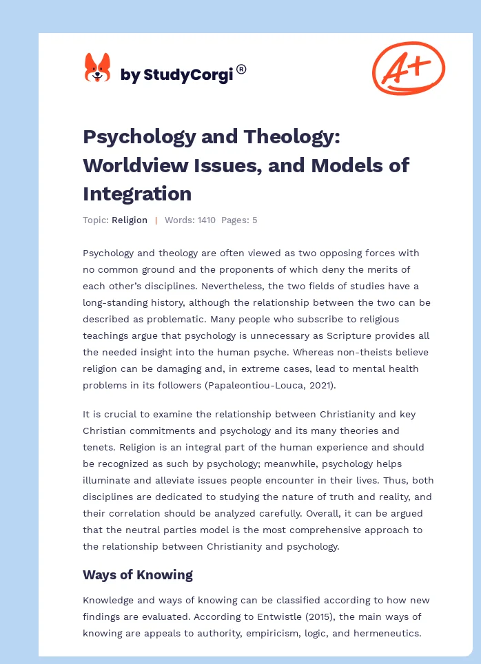 Psychology and Theology: Worldview Issues, and Models of Integration. Page 1