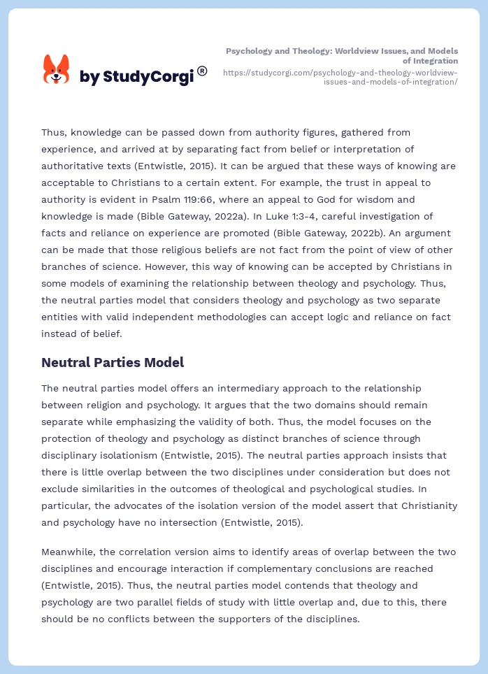 Psychology and Theology: Worldview Issues, and Models of Integration. Page 2